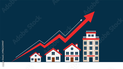 Real estate market growth and property value increase concept showing various houses with a large rising red arrow against a dark background.