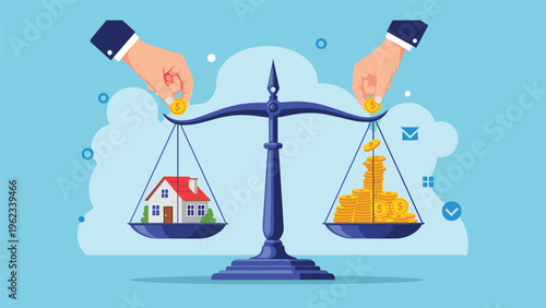 Real estate valuation and property investment concept showing a scale balancing a house against a large stack of gold coins.