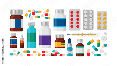 Comprehensive collection of various medicine bottles, blister packs of pills, capsules, and a thermometer, representing healthcare and pharmaceuticals.