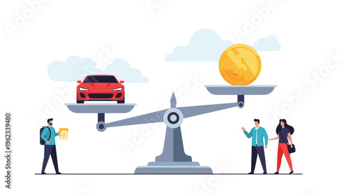 Vehicle valuation and car purchase finance concept showing a scale balancing a red car against a large gold coin with people nearby.