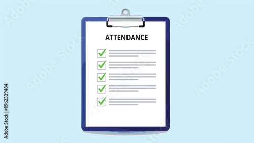 Employee attendance tracking and workplace organization concept with a blue clipboard holding an attendance sheet with green checkmarks.