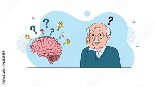 Elderly man looking confused with question marks around his brain, symbolizing memory loss, dementia, or cognitive decline.