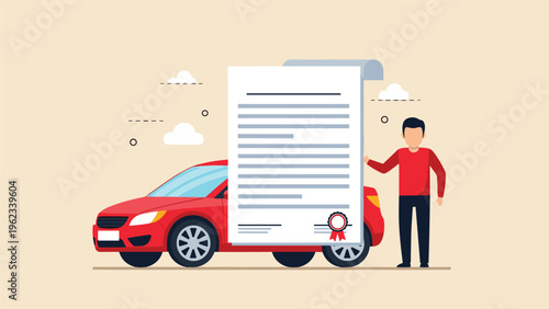 Car insurance policy and vehicle purchase contract agreement concept with man standing next to red car and large document.