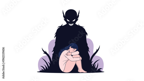 Frightened woman cowering from a menacing monster shadow behind her, symbolizing fear, anxiety, trauma, and inner demons.