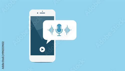 Voice message and audio recording feature on mobile phone interface with sound wave graphics and microphone icon on blue background.