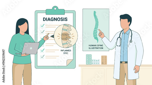 Medical professionals diagnose inflamed disc in human spine illustration