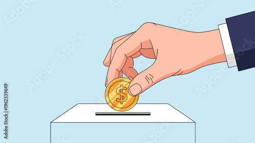 Donation and financial charity concept with hand putting golden dollar coin into white box against light blue background for aid.
