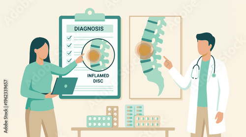 Medical consultation: Doctor and patient discuss inflamed spinal disc diagnosis