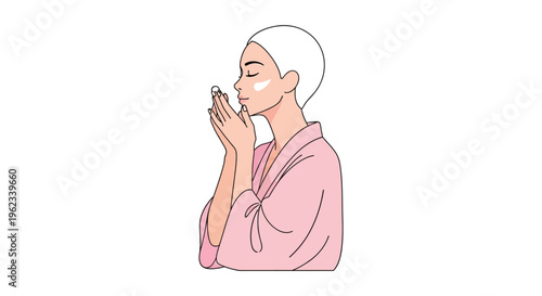 Woman applying skincare cream in minimalist flat illustration with soft pink colors for beauty product advertising