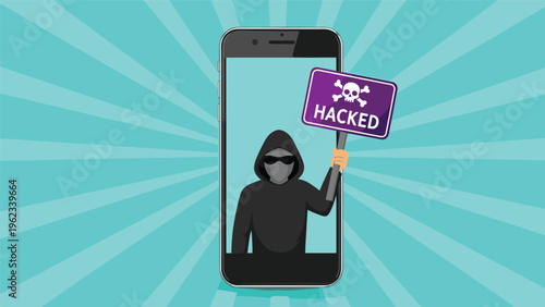 Cyber attack and mobile hacking concept with anonymous hooded hacker holding hacked sign inside smartphone screen on blue sunburst.