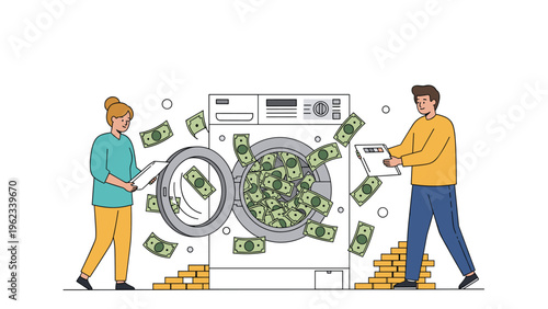 People engaging in money laundering by putting cash into a washing machine, symbolizing illegal financial activities and corruption.