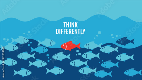 Think differently and individual uniqueness concept with red fish swimming against blue school of fish in deep blue water ocean.