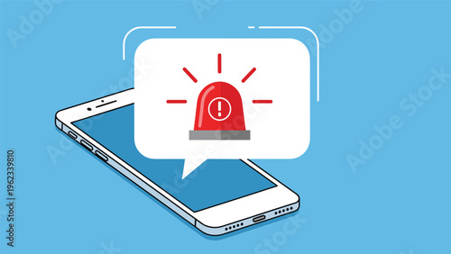Emergency alert and urgent security notification on mobile phone screen with red siren icon in speech bubble on blue background.