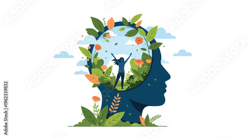 Human head filled with a serene landscape and a happy person enjoying nature, symbolizing mental well-being, freedom, and inner peace.