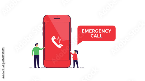 Small people making an emergency call on a large red smartphone, symbolizing urgent assistance, crisis response, and immediate help.