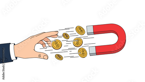 Financial profit and money magnet attraction concept with large horseshoe magnet pulling golden dollar coins from hand of a person.