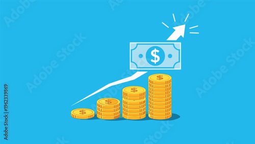 Financial growth and wealth accumulation strategy with stacks of golden coins and dollar bill arrow pointing up for achievement.