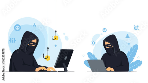 Phishing scams and identity theft protection awareness with anonymous hackers trying to steal personal data from users with hooks.