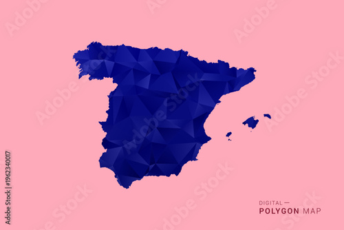 Spain Map - Low poly polygon map in deep blue gradient on soft pink pastel background, modern minimal geometric design, clean digital vector illustration.