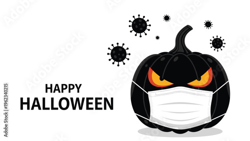 Spooky Halloween pumpkin wearing a face mask amidst virus particles, symbolizing holiday celebration during the COVID-19 pandemic.
