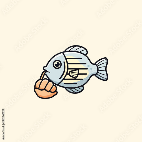 A cartoon-style illustration of a fish appears to be holding a human hand. The image has a beige backdrop