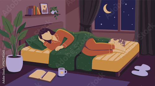Peaceful night in a cozy bedroom with a woman and her cat sleeping soundly
