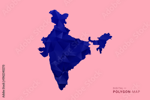 India Map - Low poly polygon map in deep blue gradient on soft pink pastel background, modern minimal geometric design, clean digital vector illustration.