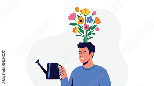 Happy man watering colorful flowers growing from his head, symbolizing mental growth, self-improvement, and nurturing ideas.