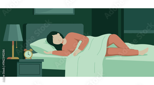 Woman sleeping peacefully in a dark bedroom with an alarm clock