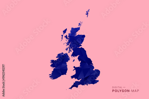 United Kingdom Map - Low poly polygon map in deep blue gradient on soft pink pastel background, modern minimal geometric design, clean digital vector illustration.
