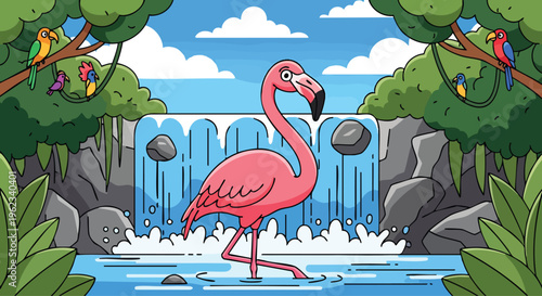 Cartoon illustration of a pink flamingo wading in water, beneath a waterfall with tropical birds in a vibrant rainforest setting