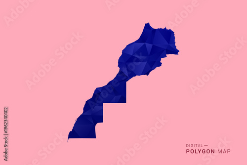 Morocco Map - Low poly polygon map in deep blue gradient on soft pink pastel background, modern minimal geometric design, clean digital vector illustration.