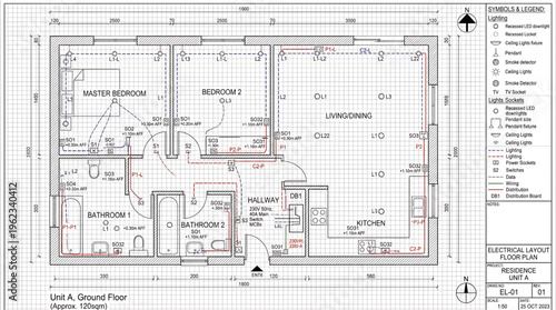 Detailed architectural CAD design blueprint with grid lines and measurements for construction planning