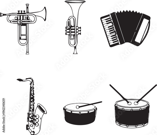 Jazz music instruments illustration featuring trumpet saxophone clarinet accordion and drums