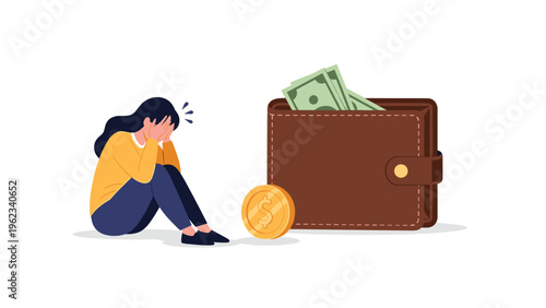 Depressed woman covering her face, sitting next to a wallet with little money, symbolizing financial struggle, poverty, and economic hardship.