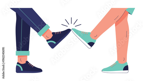Two individuals engaging in a friendly foot bump, symbolizing social distancing, new greetings, and safe non-contact interactions during a pandemic.