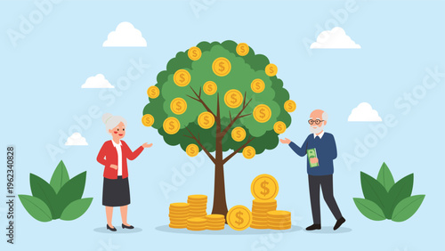 Happy elderly couple standing near a thriving money tree, symbolizing secure retirement, financial planning, and wealth growth for seniors.
