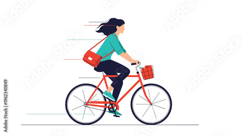 Dynamic illustration of a woman quickly riding a bicycle, symbolizing eco-friendly transportation, active lifestyle, and urban commuting.