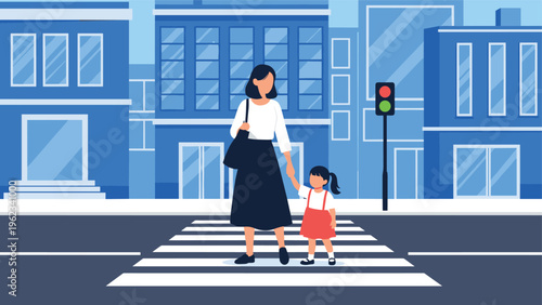 Mother and daughter holding hands and safely crossing a city street at a zebra crossing with a green traffic light.
