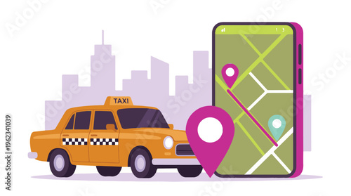 Online taxi service concept with smartphone navigation and city skyline
