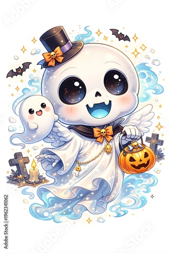 Illustration of a cute ghost carrying a pumpkin