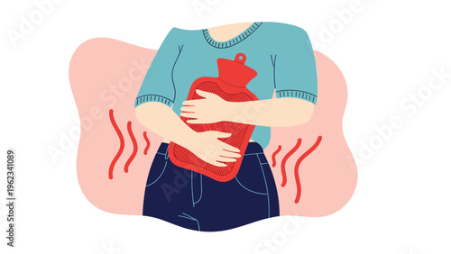 Woman clutching a hot water bottle to her abdomen, alleviating menstrual cramps and period pain, symbolizing comfort and self-care.