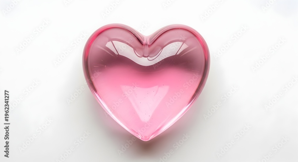 Fototapeta premium Aesthetic Pink Glass Heart on White Background, Symbolizing Romance, Affection, Ideal for Valentines Day and Romantic Concepts 120chars