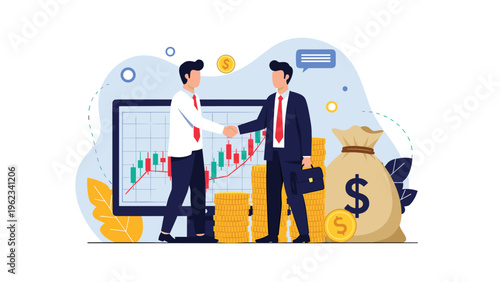 Two businessmen shaking hands in front of financial charts and stacks of money, symbolizing successful investment, business deals, and partnership.