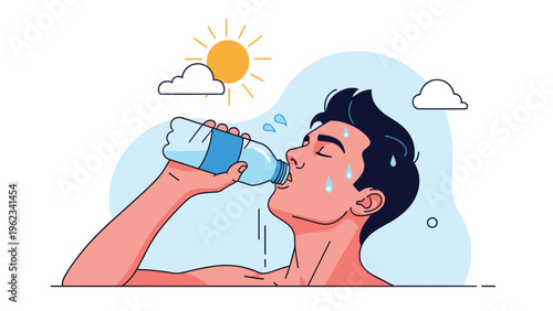 Young man sweating and drinking water from a plastic bottle under a hot sun, symbolizing hydration, heatstroke prevention, and summer health.