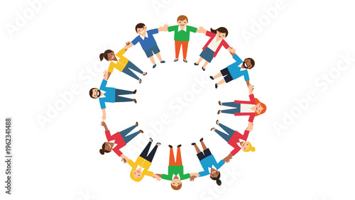 Diverse group of adults and children holding hands in a large circle, symbolizing unity, community, friendship, and global connection.