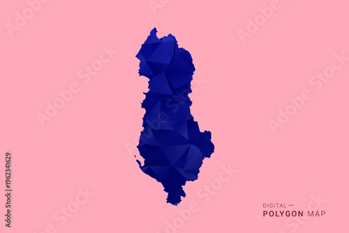Albania Map - Low poly polygon map in deep blue gradient on soft pink pastel background, modern minimal geometric design, clean digital vector illustration.