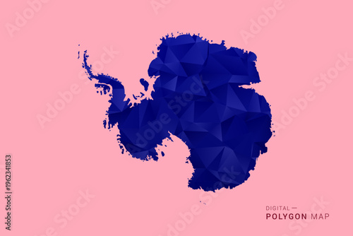 Antarctica Map - Low poly polygon map in deep blue gradient on soft pink pastel background, modern minimal geometric design, clean digital vector illustration.