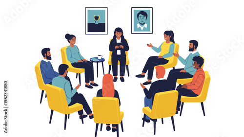 Diverse group of men and women seated in a circle, actively participating in a support group meeting or therapy session led by a female facilitator.