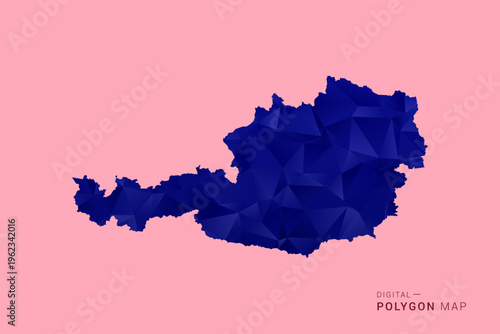 Austria Map - Low poly polygon map in deep blue gradient on soft pink pastel background, modern minimal geometric design, clean digital vector illustration.